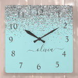 Aqua Blue Teal Silver Glitter Monogram Square Wall Clock<br><div class="desc">Aqua Blue - Teal and Silver Sparkle Glitter Script Monogram Name Clock. This makes the perfect sweet 16 birthday,  wedding,  bridal shower,  anniversary,  baby shower or bachelorette party gift for someone that loves glam luxury and chic styles.</div>