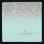 Aqua Blue Teal Silver Glitter Monogram Stone Coaster<br><div class="desc">Aqua Blue - Teal and Silver Sparkle Glitter Script Monogram Name Stone Tile. This makes the perfect graduation,  sweet 16 birthday,  wedding,  bridal shower,  anniversary,  baby shower or bachelorette party gift for someone that loves glam luxury and chic styles.</div>