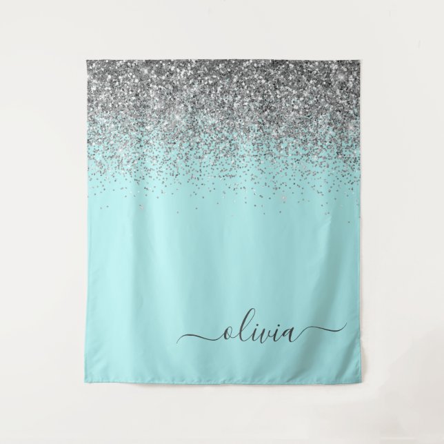 Aqua Blue Teal Silver Glitter Monogram Tapestry (Front)