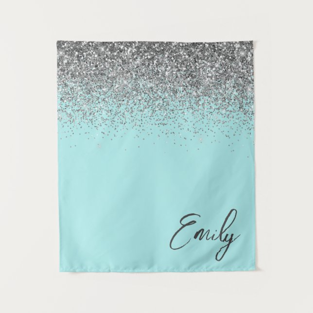 Aqua Blue Teal Silver Glitter Monogram Tapestry (Front)