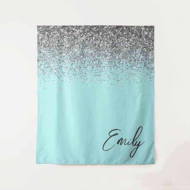 Aqua Blue Teal Silver Glitter Monogram Tapestry (Front)