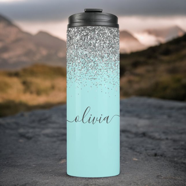 Aqua Blue Teal Silver Glitter Monogram Thermal Tumbler (Creator Uploaded)