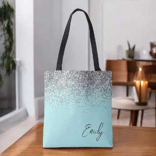 Aqua Blue Teal Silver Glitter Monogram Tote Bag