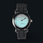 Aqua Blue Teal Silver Glitter Monogram Watch<br><div class="desc">Aqua Blue - Teal and Silver Sparkle Glitter Script Monogram Name Watch. This makes the perfect sweet 16 birthday,  wedding,  bridal shower,  anniversary,  baby shower or bachelorette party gift for someone that loves glam luxury and chic styles.</div>