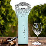 Aqua Blue Teal Silver Glitter Monogram Wine Bag<br><div class="desc">Aqua Blue Teal and Silver Sparkle Glitter Brushed Metal Monogram Name Wine Tote. This makes the perfect sweet 16 birthday,  wedding,  bridal shower,  anniversary,  baby shower or bachelorette party gift for someone that loves glam luxury and chic styles.</div>