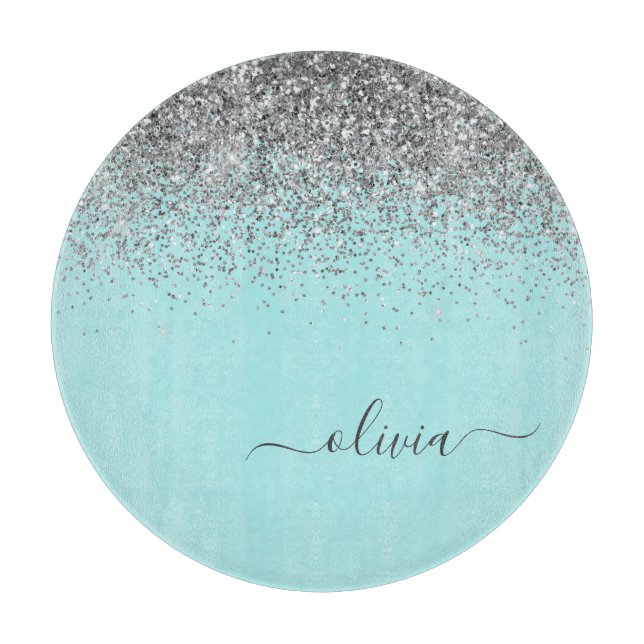 Aqua Blue Teal Silver Pink Glitter Monogram Cutting Board (Front)