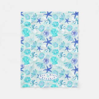Aqua-blue-teal watercolor seashell-w/custom name fleece blanket