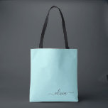 Aqua Blue Teal White Girly Script Monogram Tote Bag<br><div class="desc">Aqua Blue Teal Elegant Add Your Own Name Monogram Book Bag. This Book Bag can be customised to include your initial and first name and given as a gift for Christmas,  Sweet 16 Birthday,  Bridal Shower or a Wedding.</div>