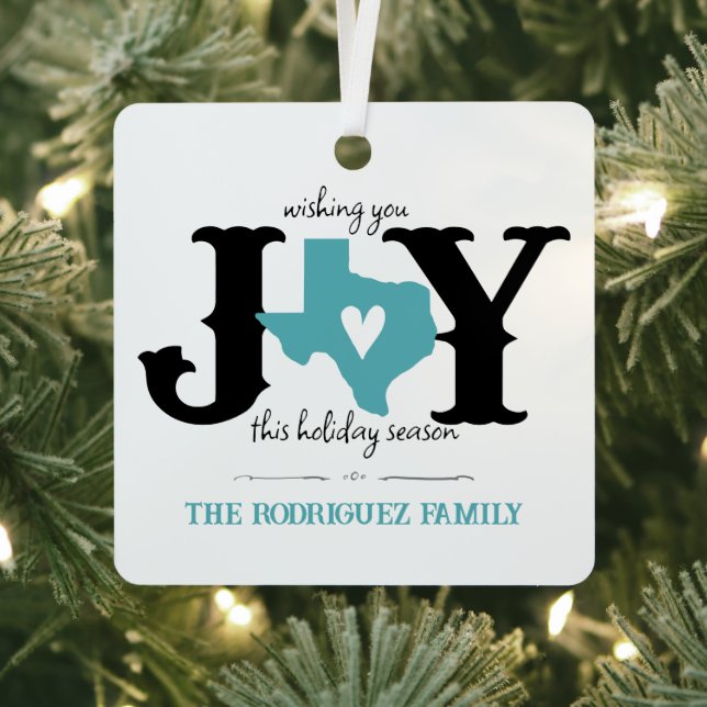 Aqua Blue Texas JOY Photo Holiday Metal Tree Decoration (Insitu)