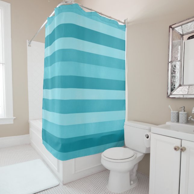Aqua Blue Textured Stripes Pattern Modern Shower Curtain (In Situ)