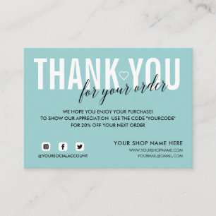 AQUA BLUE THANK YOU FOR YOUR ORDER SOCIAL QR CODE ENCLOSURE CARD