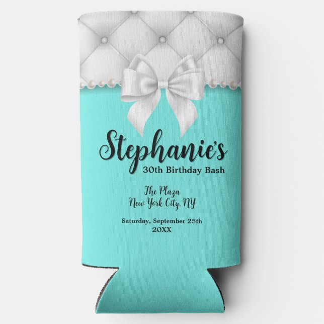 Aqua Blue Tiffany Pearls Birthday Party Keepsake Seltzer Can Cooler (Back)