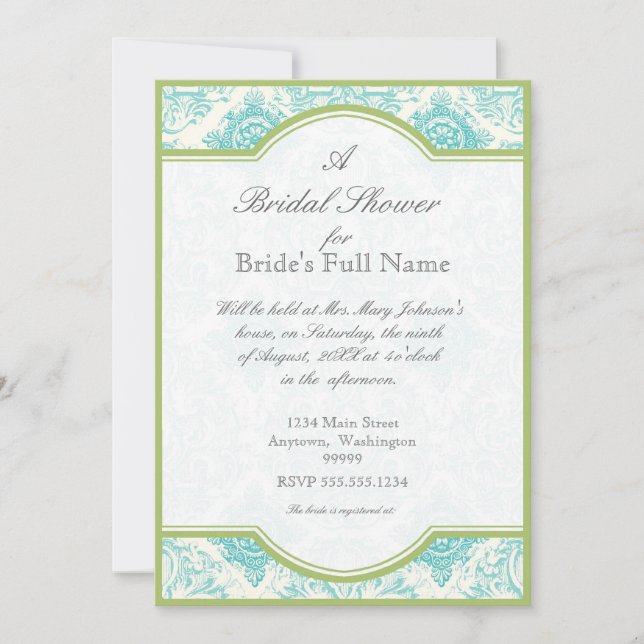 Aqua Blue Toile Quatrefoil - Bridal Shower Invite (Front)