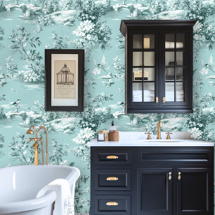 Aqua Blue Toile Vintage Style Peel-and-Stick Wallpaper