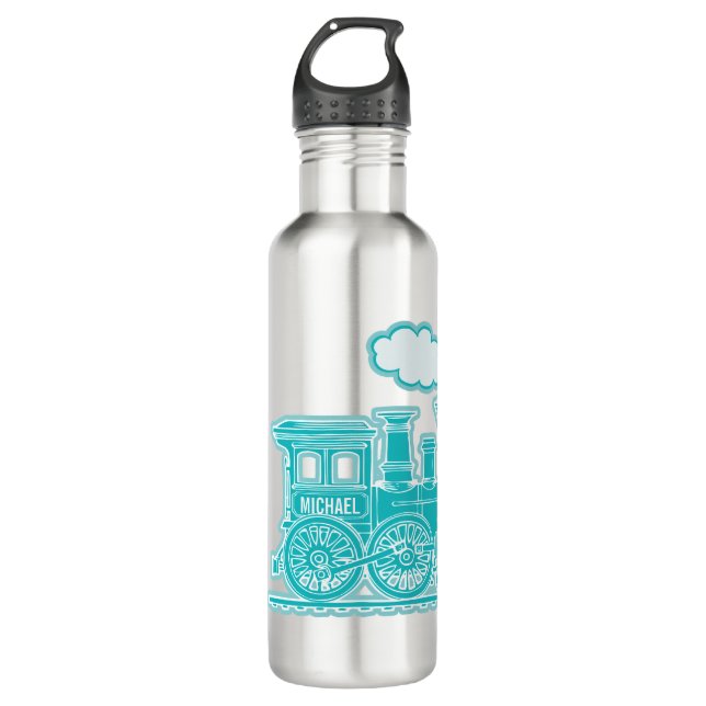 Aqua blue train kids full name drinks bottle (Front)