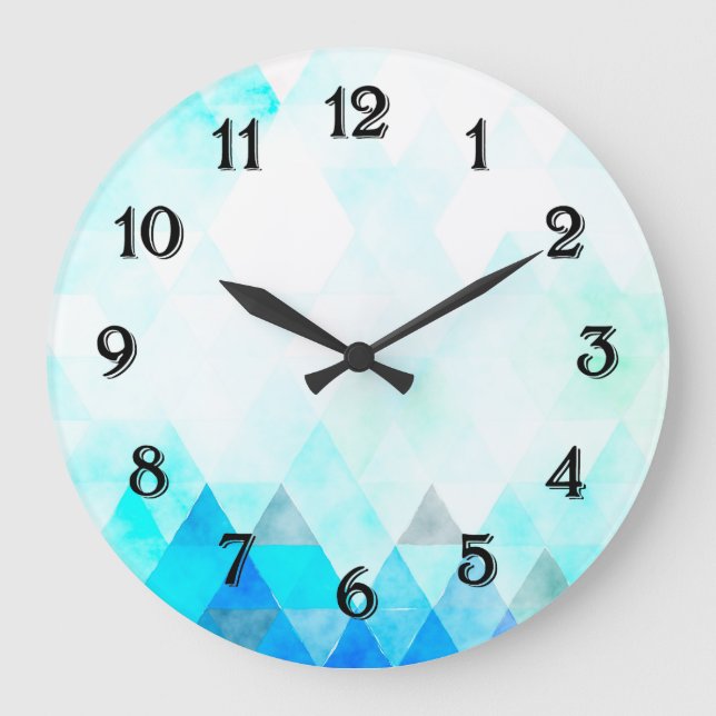 Aqua Blue Triangles Watercolor Large Clock (Front)
