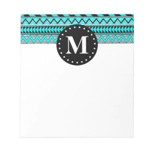 Aqua Blue Tribal Chevron Pattern Monogram Notepad
