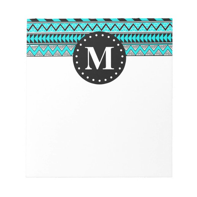 Aqua Blue Tribal Chevron Pattern Monogram Notepad (Front)