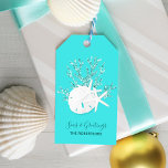 Aqua Blue Tropical Beach Christmas Gift Tags<br><div class="desc">These personalised gift tags feature a white sand dollar and 2 white starfish on glitter coral,  with an aqua blue background,  and beachy holiday message “seas & greetings.” *If you would like this design on more products or need design help,  please contact me through Zazzle Chat.</div>
