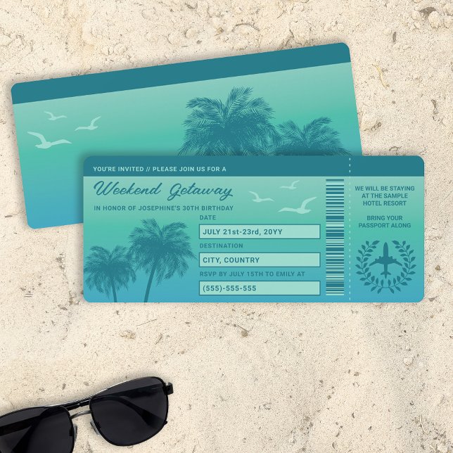 Aqua Blue Tropical Faux Boarding Pass Birthday Invitation (Ideal for weekend getaways, tropical bachelorette trips, destination birthday party trips etc.)