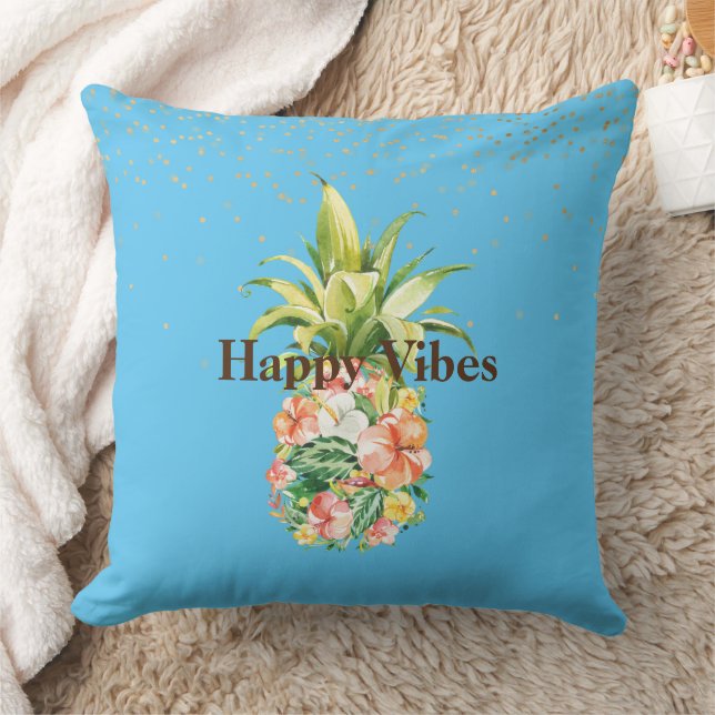 Aqua Blue Tropical Floral Pineapple Cushion (Blanket)