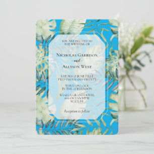 Aqua Blue Tropical Green Leaves Wedding Invitation
