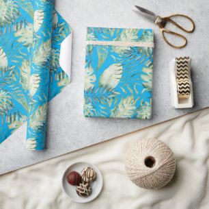 Aqua Blue Tropical Green Leaves  Wrapping Paper