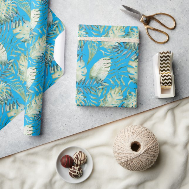 Aqua Blue Tropical Green Leaves  Wrapping Paper (Crafts)