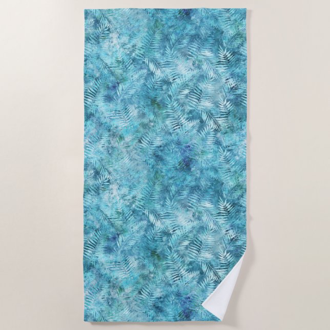 Aqua Blue Tropical Leaves Beach Towel (Front)