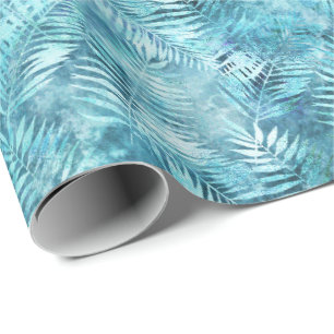 Aqua Blue Tropical Leaves          Wrapping Paper