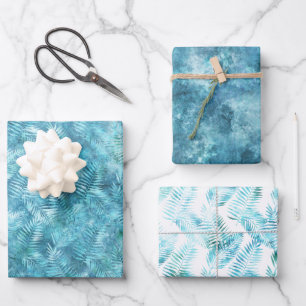 Aqua Blue Tropical Leaves           Wrapping Paper Sheet