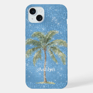 Aqua Blue Tropical Palm Tree Sparkle iPhone 15 Plus Case
