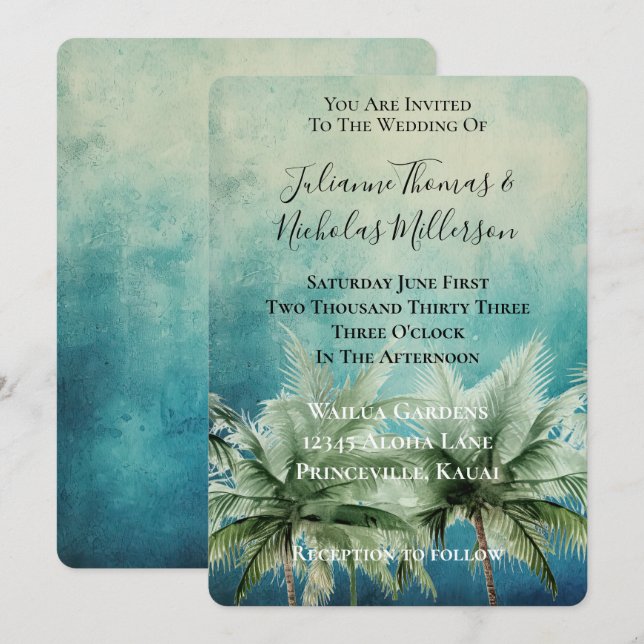 Aqua Blue Tropical Palm Trees Wedding Invitation (Front/Back)