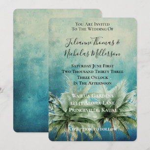 Aqua Blue Tropical Palm Trees Wedding Invitation