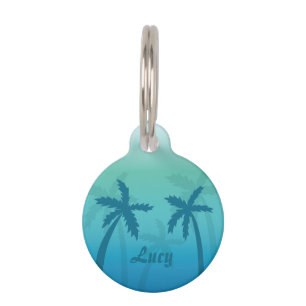 Aqua Blue Tropical Palm Trees With Custom Name Pet Tag