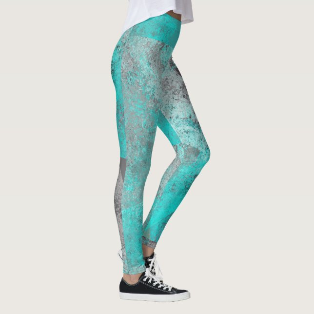 Aqua blue turquoise and grey distressed abstract leggings (Right)