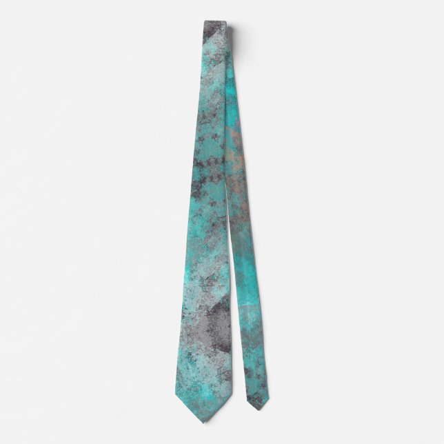 Aqua blue turquoise and grey distressed abstract tie (Front)