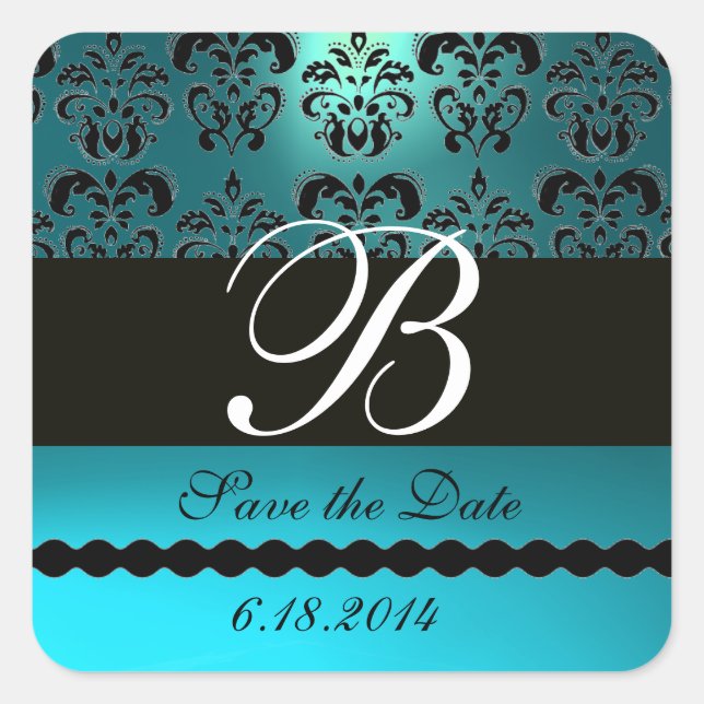 AQUA BLUE TURQUOISE AQUAMARINE DAMASK MONOGRAM SQUARE STICKER (Front)