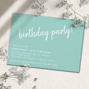 Aqua Blue Turquoise Casual Script Any Age Birthday Invitation