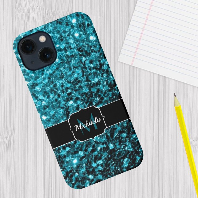 Aqua blue Turquoise faux glitter sparkles Monogram iPhone Case (Creator Uploaded)