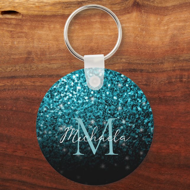Aqua blue Turquoise faux glitter sparkles Monogram Key Ring (Front)