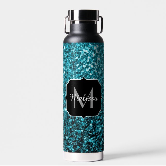 Aqua blue Turquoise faux glitter sparkles Monogram Water Bottle (Front)
