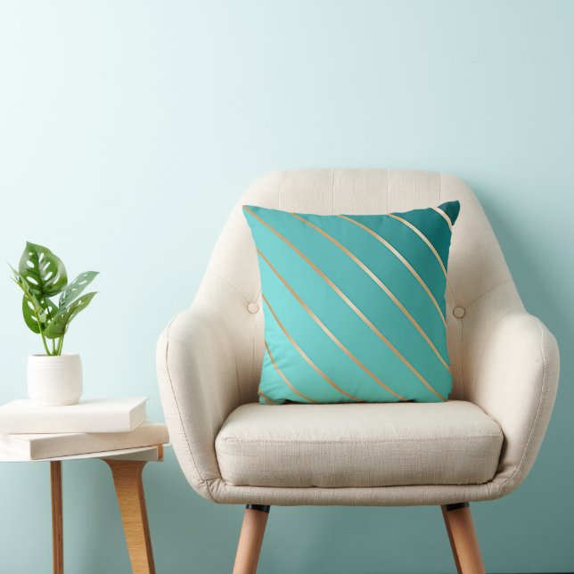 Aqua Blue Turquoise & Gold Stripe Ombre Accent Cushion (Chair)