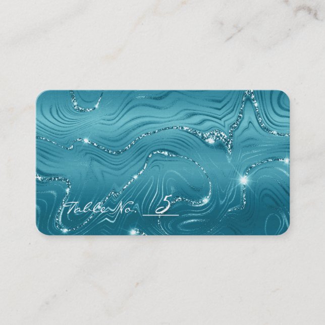 Aqua Blue Turquoise Marble Wedding Table Number Place Card (Front)