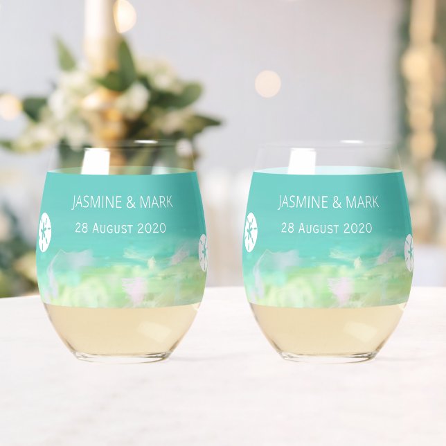 Aqua Blue Water Beach Wedding Custom Names Stemless Wine Glass (Insitu (Wedding))