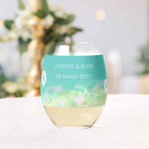 Aqua Blue Water Beach Wedding Custom Names Stemless Wine Glass