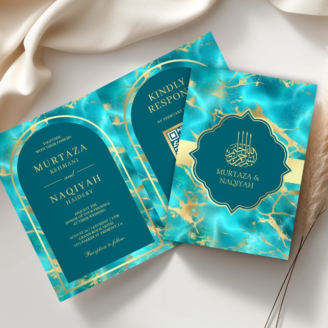 Aqua Blue Water Gold QR Code Muslim Wedding Invitation (Creator Uploaded)
