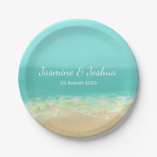 Aqua blue water/painted beach seashore paper plate