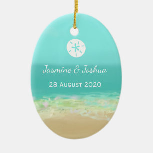 Aqua blue water/painted beach seashore personalise ceramic tree decoration