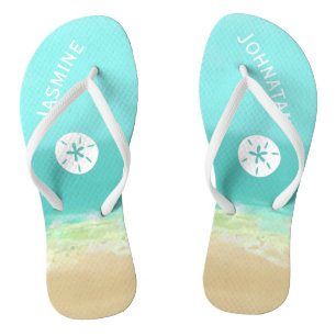 Aqua blue water/painted beach seashore personalise flip flops
